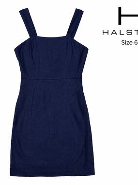 Halston Navy Linen Blend Square Neck Mini Dress Size 6